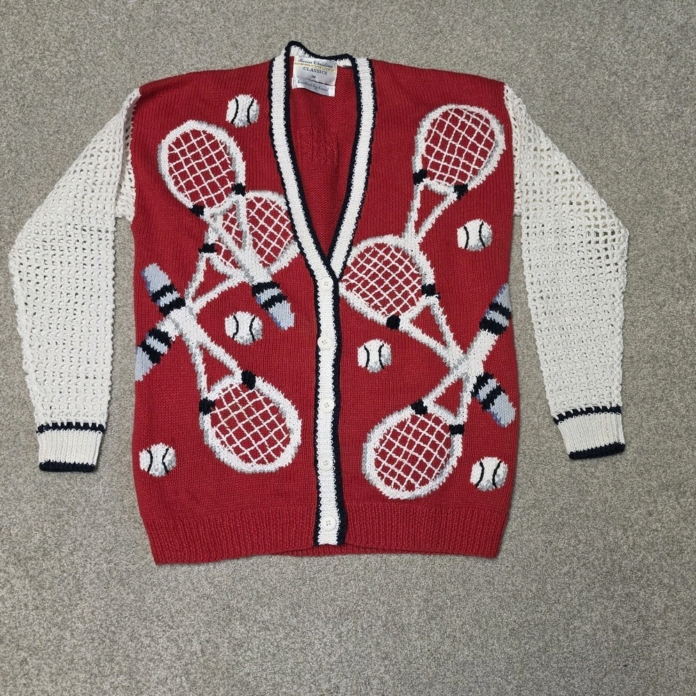 VTG Marisa Christina Classics Tennis Cardigan Sweater Medium Hand Knit Red 80s